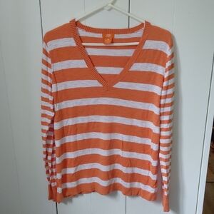 Joe Fresh V-Neck Orange and White Striped Sweater